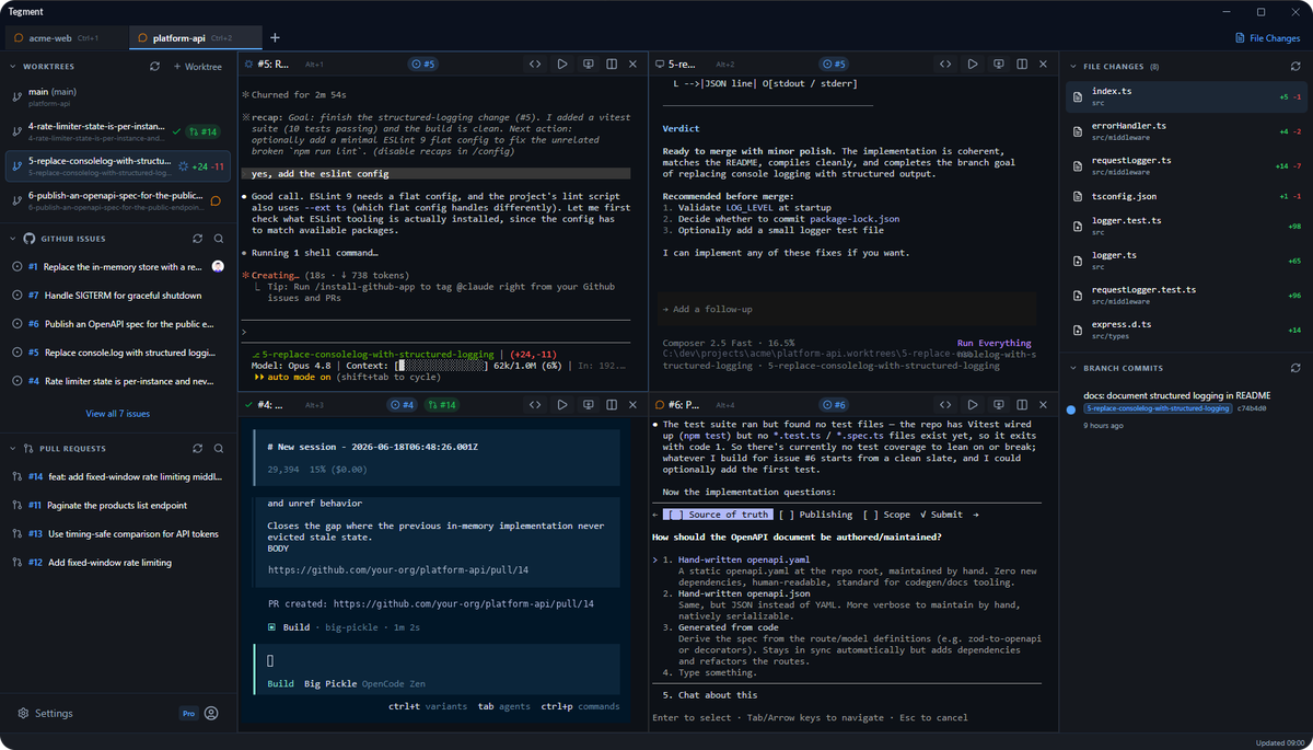 Tegment desktop app: a ticket and worktree list on the left, a code diff with terminal and coding-agent panes in the centre, and a pull-request summary with the changed-files list on the right.